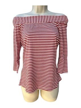 Hayden LA Size Med Red & White Striped Off-Shoulder Top Ribbed Knit Summer  NWT